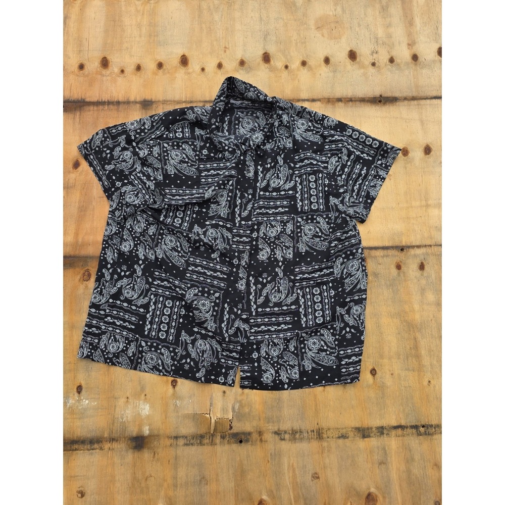 12TH TRIBE Womens Small Bandana Paisley Blouse Short Sleeve Satin Button Up